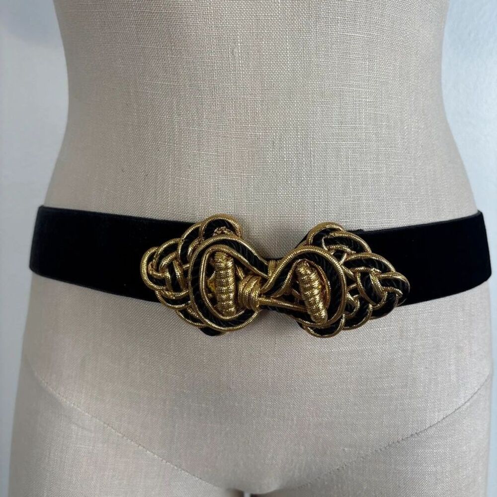 VTG Talbots Black Elastic Belt Gold Cord Braided Knot Buckle Stretch Waist Cinch